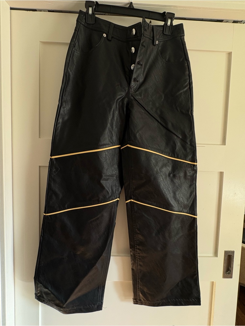 Women’s Black Faux Leather Wide-Leg Pants with Contrast Piping
